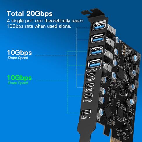 8-Port PCIe to USB3.2 Card Expansion 20Gbps 8 Ports 1 Type-C X 4 & 1 TypeA Splitter Adapter UsbC Controller Interface Ultra-Fast Expansion in Saudi Arabia