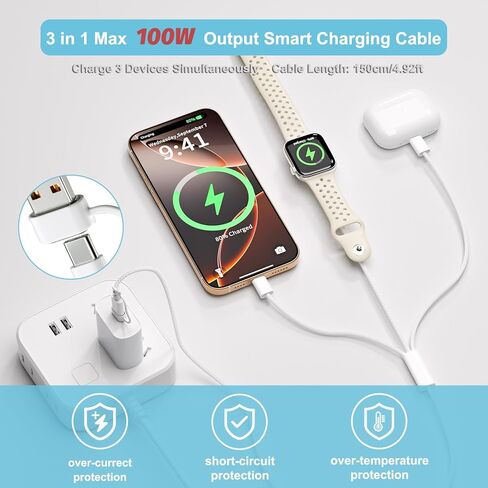 Travel Essentials for Apple Watch Charger, 100W 3 in 2 Dual USB C Multi Fast Charging Cable Portable USB C Cord for iPhone 17/16/15, iPad Pro, MacBook, Samsung, Google Pixel, iWatch Ultra/Series 1-11 in Kuwait