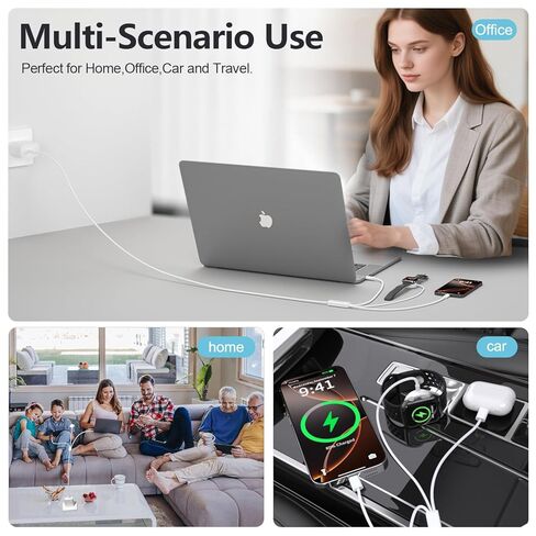 أساسيات السفر لشاحن ساعة أبل، 100 وات 3 في 2 كابل شحن USB C مزدوج متعدد سريع محمول سلك USB C لأجهزة iPhone 17/16/15، iPad Pro، MacBook، Samsung، Google Pixel، iWatch Ultra/Series 1-11 in Kuwait