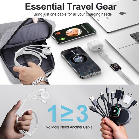 Travel Essentials for Apple Watch Charger, 100W 3 in 2 Dual USB C Multi Fast Charging Cable Portable USB C Cord for iPhone 17/16/15, iPad Pro, MacBook, Samsung, Google Pixel, iWatch Ultra/Series 1-11 in Kuwait