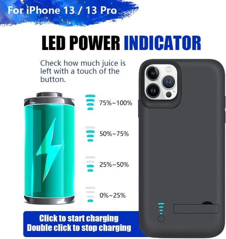 [حافظة بطارية إصدار جديد لهاتف iPhone 13/13 Pro، حافظة شاحن بطارية ممتدة قابلة لإعادة الشحن بقدرة 5000 مللي أمبير في الساعة، أضف 100% عصير إضافي (6.1 بوصة) أسود in Kuwait