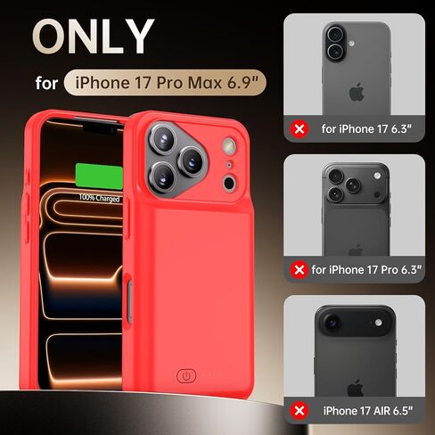 حافظة بطارية GIN FOXI لهاتف iPhone 17 Pro Max، شاحن حافظة قابلة لإعادة الشحن 8500 مللي أمبير في الساعة، حزمة بطارية قوية وخفيفة الوزن للغاية 15 واط، صندوق عصير TPU مضاد للسقوط للشحن السريع لهاتف 17 Pro Max (6.9 بوصة) أحمر in Kuwait