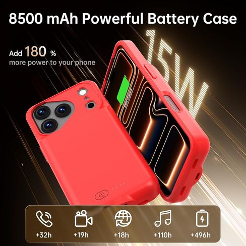 حافظة بطارية GIN FOXI لهاتف iPhone 17 Pro Max، شاحن حافظة قابلة لإعادة الشحن 8500 مللي أمبير في الساعة، حزمة بطارية قوية وخفيفة الوزن للغاية 15 واط، صندوق عصير TPU مضاد للسقوط للشحن السريع لهاتف 17 Pro Max (6.9 بوصة) أحمر in Kuwait