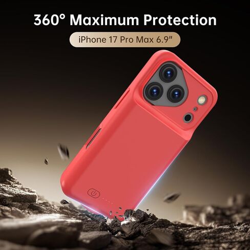 حافظة بطارية GIN FOXI لهاتف iPhone 17 Pro Max، شاحن حافظة قابلة لإعادة الشحن 8500 مللي أمبير في الساعة، حزمة بطارية قوية وخفيفة الوزن للغاية 15 واط، صندوق عصير TPU مضاد للسقوط للشحن السريع لهاتف 17 Pro Max (6.9 بوصة) أحمر in Kuwait