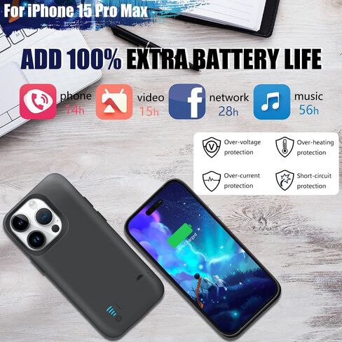 [حافظة بطارية مطورة لهاتف iPhone 15 Pro Max، حافظة شحن/شاحن بطارية ممتدة قابلة لإعادة الشحن بقدرة 6000 مللي أمبير في الساعة، أضف 100% عصير إضافي (6.7 بوصة) أسود in Kuwait