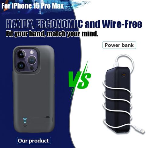 [حافظة بطارية مطورة لهاتف iPhone 15 Pro Max، حافظة شحن/شاحن بطارية ممتدة قابلة لإعادة الشحن بقدرة 6000 مللي أمبير في الساعة، أضف 100% عصير إضافي (6.7 بوصة) أسود in Kuwait
