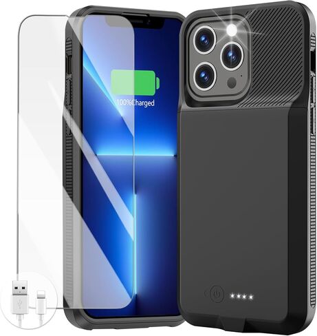 حافظة بطارية لهاتف iPhone 14 Pro Max/14 Plus/13 Pro Max/12 Pro Max، حافظة قابلة لإعادة الشحن مصنوعة من مادة TPU الناعمة المضادة للانزلاق نحيفة 8000 مللي أمبير في الساعة 15 وات صندوق عصير شحن سريع لهاتف 12/13/14 Pro Max/14 Plus 6.7 بوصة - أسود in Kuwait