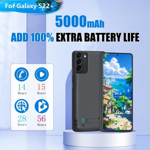 [جراب بطارية 2026 جديد لهاتف Samsung Galaxy S22+، حافظة شاحن بطارية ممتدة قابلة لإعادة الشحن بقدرة 5000 مللي أمبير في الساعة، أضف 100% عصير إضافي (6.6 بوصة) أسود in Kuwait