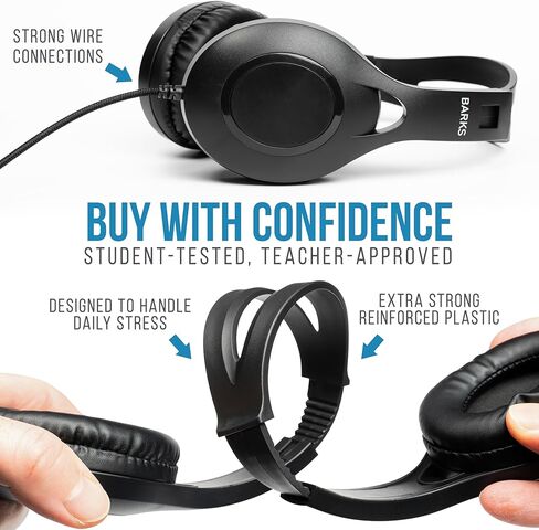 سماعات Barks Rugged Classroom (12 حزمة) - سماعات رأس كبيرة التحمل للطلاب من مرحلة الروضة إلى الصف الثاني عشر - تصميم متين، سلك خالٍ من التشابك، مريح، سهل التنظيف، مثالي للاستماع والتعلم in Kuwait