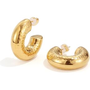 PANSTAR 18K Gold Plated Hoops Earrings for Women, Gold Vermeil Geometric C-Shaped, Chunky Big Stud Earrings, Minimalist Fashion Jewelry, Gift Idea.