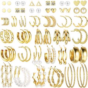 JeryWe Gold Earrings Set for Women Boho Drop Dangle Earrings Pack Fashion Pearl Multipack Statement Earrings Bulk Acrylic Hoop Earrings for Gift