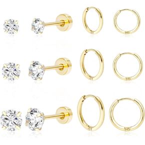 6 Pairs Gold Hoop Earrings for Women Girls,14K Gold Plated Lightweight Hypoallergenic Small Stud Hoop Earrings for Women Gift
