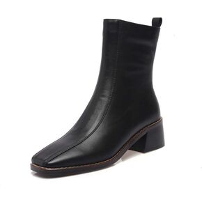 TinaCus Women's Genuine Leather Square Toe Side Zip Up Handmade Low Chunky Heel Chic Mid-Calf Boots