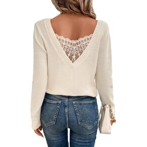 COZYEASE Women's V Neck Sweater Casual Long Sleeve Pullover Sweater Soft Lace Knitted Sweater Tops in Saudi Arabia