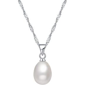 S925 Sterling Silver Drop Shape Freshwater Cultured Pearl Pendant Necklace w/6.5mm Diameter