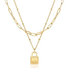 Gold Layered Initial Necklaces for Women 18K Gold Plated Dainty Layered Letter Lock Necklace for Women Gold Padlock Pendant Necklaces for Girls Personalized Trendy Jewelry