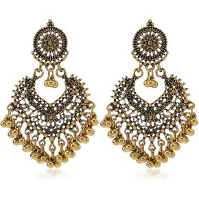Boho Ball Tassel Statement Dangle Earrings for Women Girls Vintage Flower Heart Shaped Beaded Chandelier Drop Dangling Earring Lightweight Indian Bollywood Jewelry Gifts for Jhumka Festival Holiday Christmas