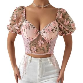 RARITYUS Women Sexy Floral Embroidery Mesh T-Shirt Tulle Short Sleeve See Through Crop Tops