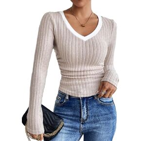 MakeMeChic Women's Casual V Neck Ribbed Knit Contrast Trim Long Sleeve Slim Fit Tee Shirts Tops