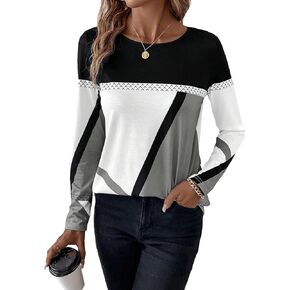 SweatyRocks Women's Color Block Crew Neck Tee Top Long Sleeve Casual T-Shirt