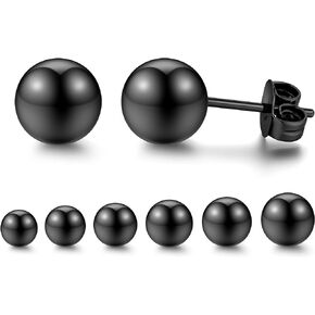 YADOCA 6 Pairs Black Stud Earrings for Men Women Hypoallergenic 316L Surgical Stainless Steel Round Dot CZ Ball Earrings Studs Set 3-12 MM