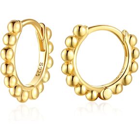 SILBERTALE Ball Beaded Huggie Hoop Earrings 925 Sterling Silver Upper Ear Cartilage Helix Small Tiny Mini Sleeper Hoop Earrings