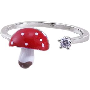 Red Mushroom S925 Sterling Silver Adjustable Ring