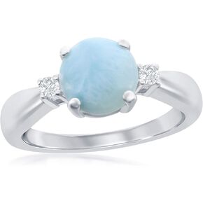 Beaux Bijoux Sterling Silver High Polish Four-Prong Round Larimar with CZ Ring