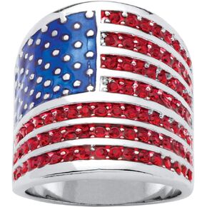 PalmBeach Silvertone Round Simulated Red Ruby and Enamel American Flag Ring Sizes 5-10