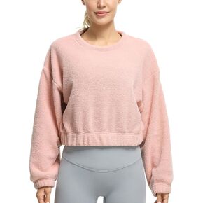 icyzone Women's Oversized Sherpa Fleece Crewneck Sweatshirt, Cropped Drop Shoulder Fuzzy Pullover