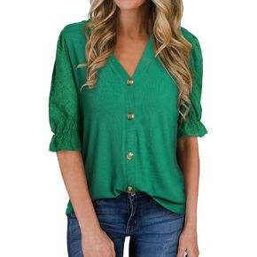 Astylish Women Casual V Neck Button Down Shirts Short Sleeve Knit Blouse Tops in Kuwait
