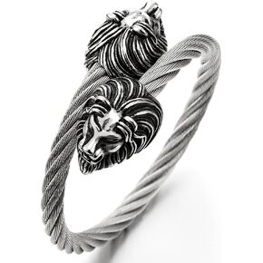 COOLSTEELANDBEYOND Mens Elastic Adjustable Lion Head Bangle Bracelet Stainless Steel Twisted Cable Cuff Bracelet