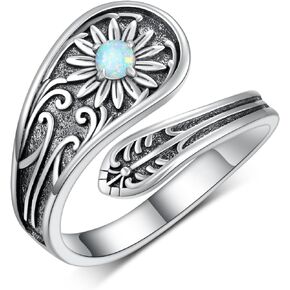 SVODEA Opal Spoon Ring for Women 925 Sterling Silver Daisy/Heart Opal Open Adjustable Rings Oxidized Victorian Vintage Flower Thumb Rings for Grils