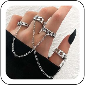 Punk Chain Finger Rings Sliver Cuban Link Chain Rings Stackable Knuckle Rings with Tassel Chain Vintage Midi Index Finger Rings Statement Jewelry for Women and Girls
