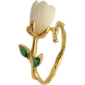 Shell Pearl Tulip 925 Sterling Silver Flower Ring for Women Girls Gold Plated Green Cubic Zircnoia Leaf Branch Stacking Open Finger Rings Comfort Fit Dainty Christmas Birthday Jewelry Gift