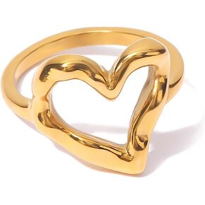 Loqimu Irregular Hammered Hollow Heart Rings Gold Stainless Steel Statement Rings for Women Teen Girls Minimalist Stackable Midi Rings Size 6 7 8 Wedding Finger Jewelry