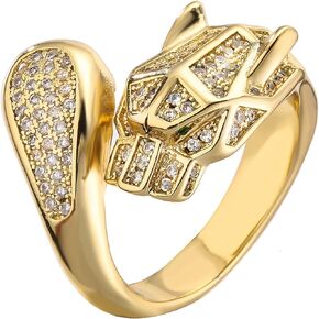 AIKAITUO 14K Gold Transparent Crystal Rhinestone Cheetah Leopard Head Ring Adjustable Statement-ring for Women