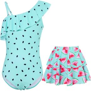 swimsobo Girls One Piece Swimsuit with Skirt One Shoulder Ruffle Bathing Suit Adjustable Swimwear for Size 5-12 Years