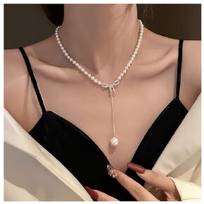 Crystal Pearl Bow Pendant Necklace Rhinestone Bow-knot Faux Pearl Y-Shape Necklace Chain Beads Jewelry for Women Girls
