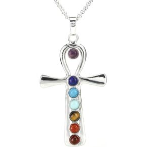 BEADNOVA 7 Chakras Gemstones Necklace Healing Pointed Crystal Chakra Reiki Pendent Necklace Stainless Steel Chain 18"
