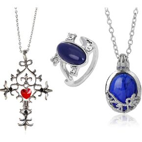 3 Packs Unisex Vampire Diaries Elena Sapphire Crystal Daylight Ring and Katherine Sapphire Crystal Pendant Daywalking Necklace for Fans