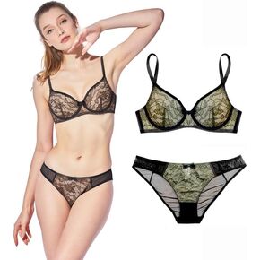 Sexy Underwired Bra Chantally Lace See Through Soft Mesh Lined Plunged Bralette Matching Brief Set Up to E cups