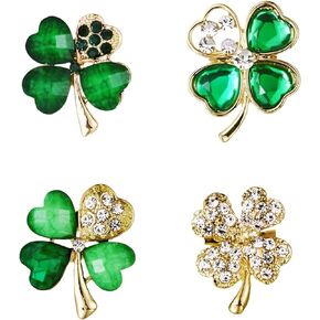 4 Pcs St. Patrick's Day Good Luck Rhinestone Green Four Leaf Brooch Pin Vintage Flower Brooches Clothing Accessories Holiday Jewelry Gift