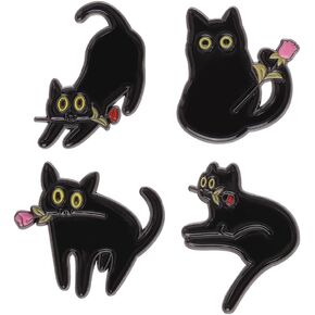 4 Pcs Black Cat Brooch Pin Bulk Black Cat Rose Lapel Pins Kitty Rrooch Pins for Women Girls Animal Lover Halloween Jewelry Gifts