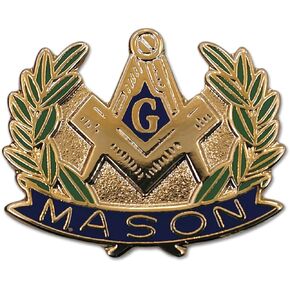Wreathed Square & Compass Masonic Lapel Pin - [Blue & Green][1'' Wide]