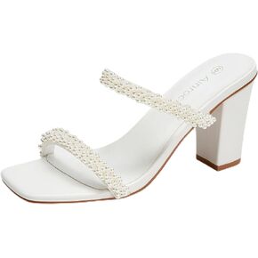 صنادل نسائية بكعب لؤلؤي وكعب مكتنز وإصبع مربع وشريطين سهل الارتداء بكعب 3.1 بوصة لفستان الزفاف in Kuwait