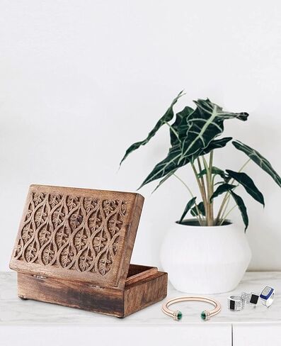 DEKORASI Decorative Wooden Treasure Box With Leaf Engraved Art, Trinket Box, Mini Storage Chest For Jewelry, Jewelry Box, Memento Case, Wood Holder For Miscellaneous Teabags Coins in Kuwait