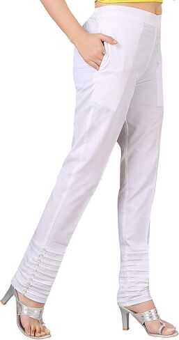 بنطال قطن 100% للنساء، ملابس كاجوال، مريح للمكتب، نحيف، بنطال ضيق وصلب | بنطال مخطط من Pintex & Pearls in Kuwait