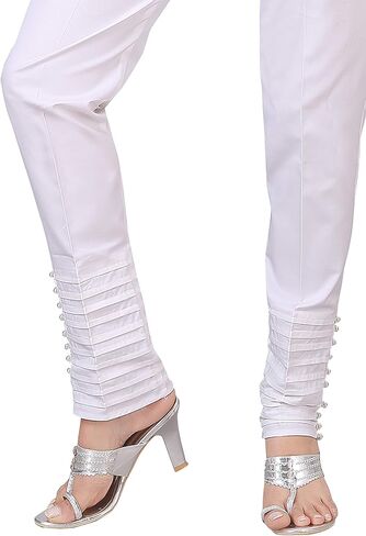 بنطال قطن 100% للنساء، ملابس كاجوال، مريح للمكتب، نحيف، بنطال ضيق وصلب | بنطال مخطط من Pintex & Pearls in Kuwait