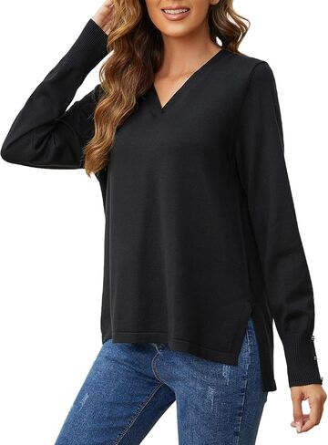 SPARKLE & SKY سترات نسائية برقبة على شكل حرف V بلوفر خفيف الوزن بفتحات جانبية وأكمام طويلة وسترات عالية ومنخفضة للنساء in Kuwait